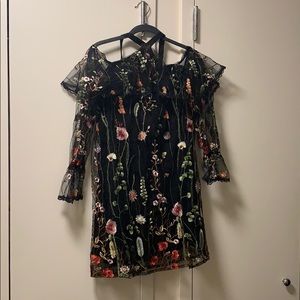 Embroidered floral mini dress with bell sleeves